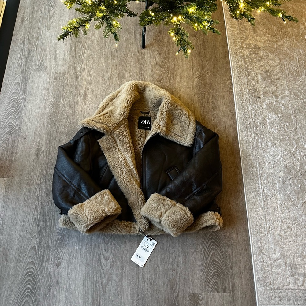 Zara Black Faux Leather Teddy Jacket with Tan Shearling Trim
